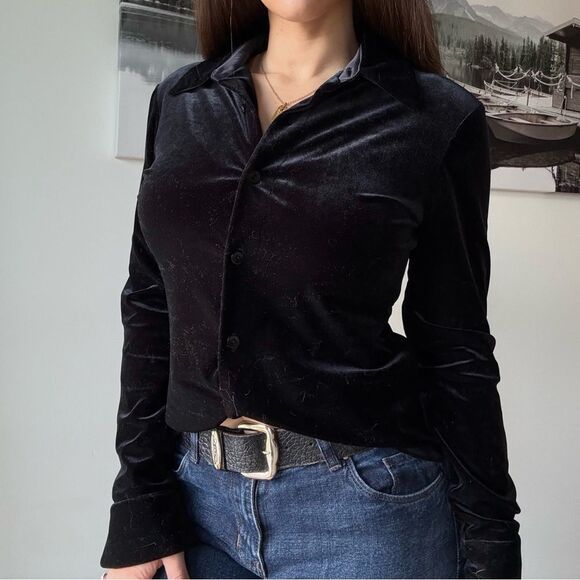 90s vintage whimsigoth minimalist velvet button down blouse with cute collar - Picture 3 of 5